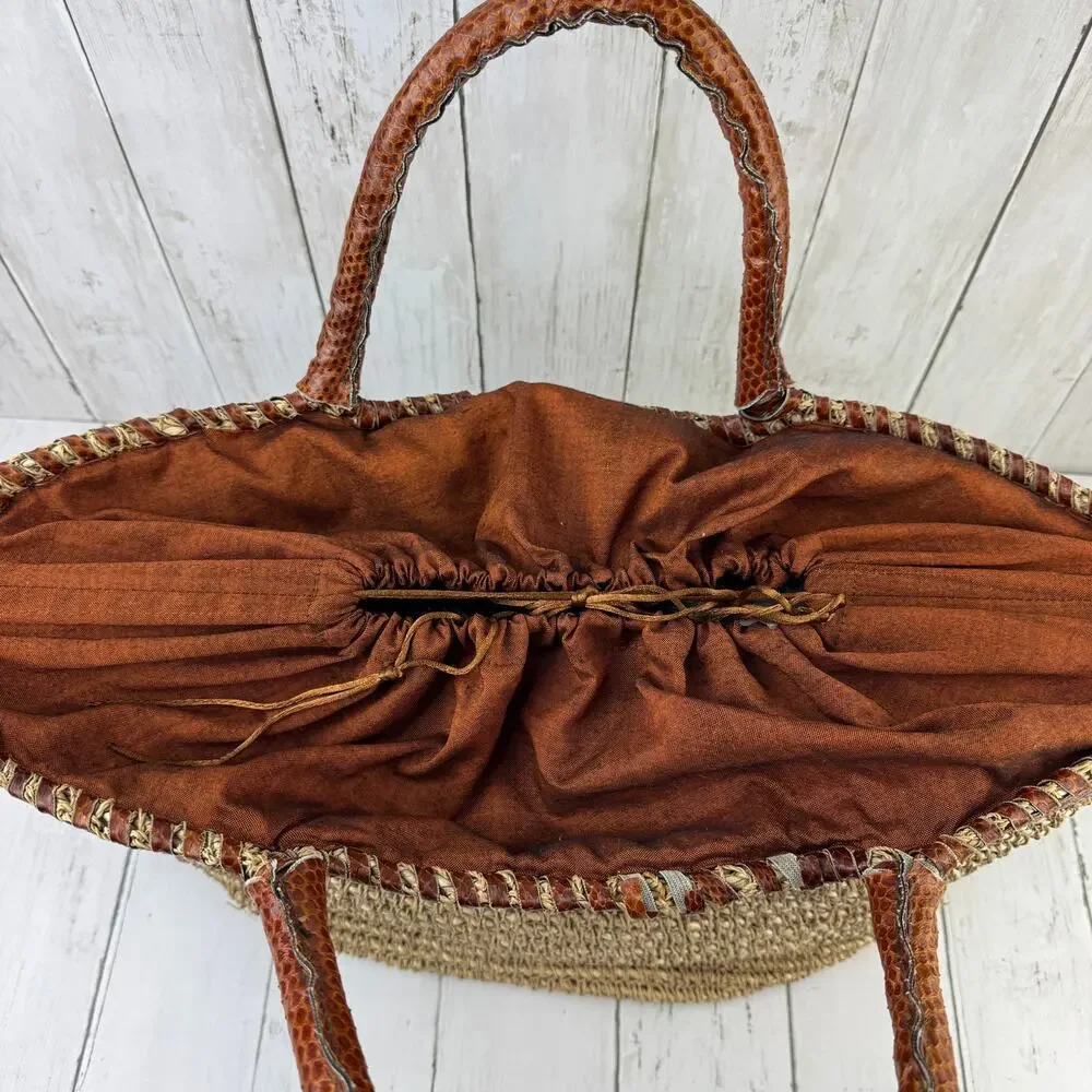VTG Beirn Brown Cotton Raffia and Leather Trim Shoulder Tote Bag Hand Made